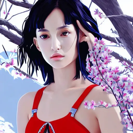 Image similar to a beautiful young japanese natalie portman alluring gravure model, stylized concept art, wearing elegant designer bomber jacket and one piece bikini, bomber jacket with mesoamerican patterns, mesoamerican native street fashion, princess mononoke, painted by ilya kuvshinov aesthetic, gorgeous, stunning, alluring, attractive, artstation, pinterest, digital art
