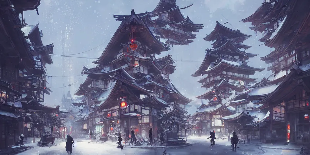 Prompt: japan's architectural street, snow in the city, buildings surrounded by cherry trees, cyberpunk, trends in artstation by peter mohrbacher,