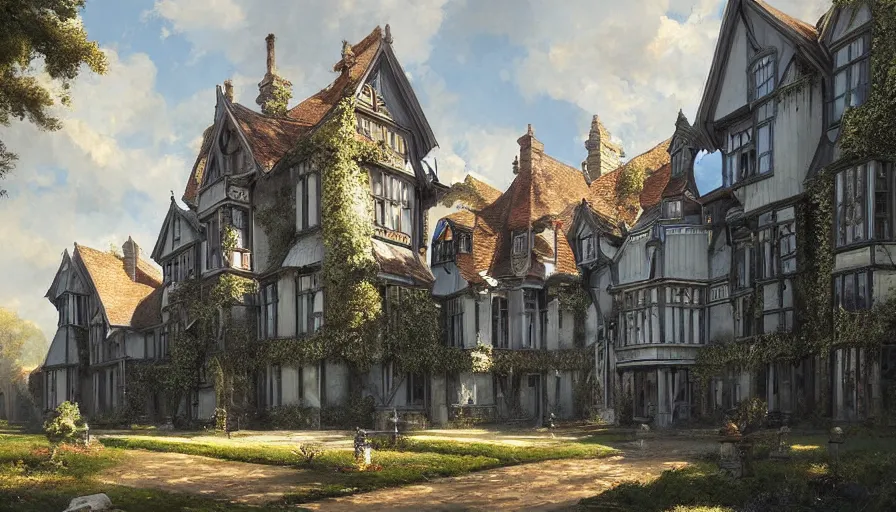 Image similar to portrait of a victorian manor house on a street, courtyard, highly detailed, architecture, sunny, blue sky, cinematic lighting, godrays, volumetric, digital art painting by greg rutkowski