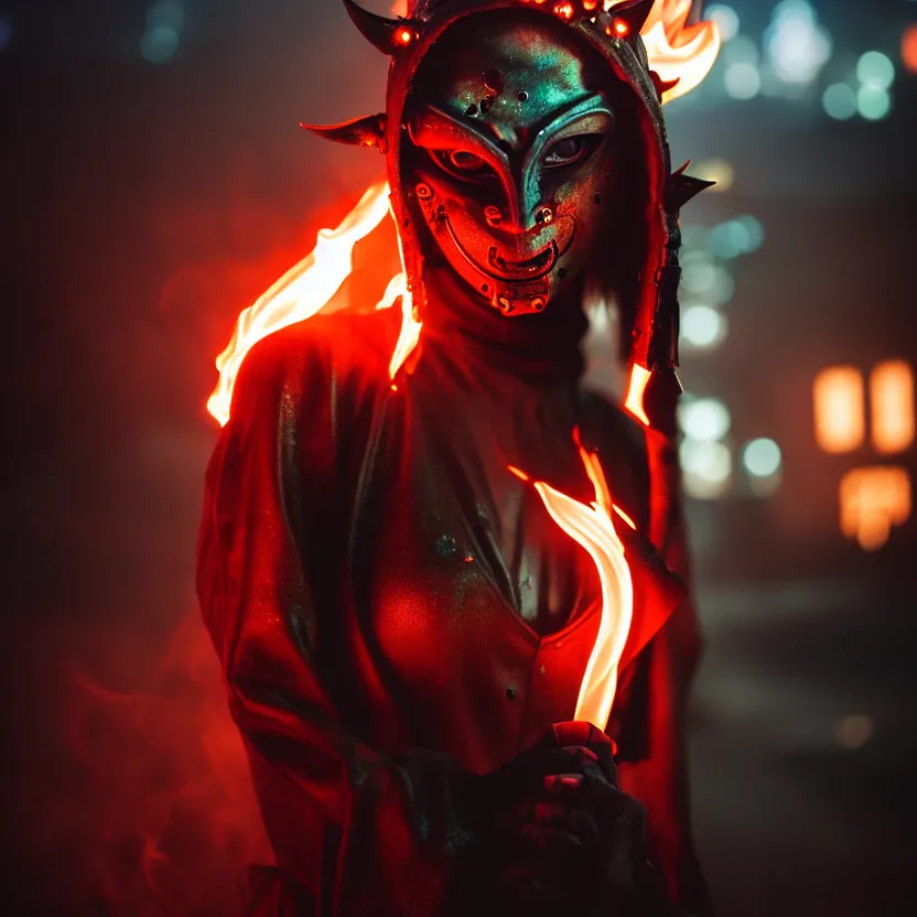 Image similar to a photo close up cyberpunk woman, wearing demon mask, fire dance in cyberpunk dirty alley, smoke mist rain, cyberpunk gunma prefecture, midnight, photorealistic, cinematic color, studio lighting, highly detailed, bokeh, style by tomino - sama