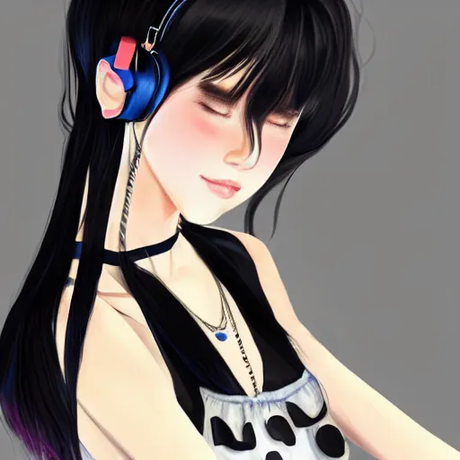 Image similar to realistic beautiful gorgeous natural cute Blackpink Lalisa Manoban black hair fur black cat ears, wearing white camisole summer outfit, headphones, black leather choker artwork drawn full HD 4K highest quality in artstyle by professional artists WLOP, Aztodio, Taejune Kim, Guweiz on Pixiv Instagram Artstation