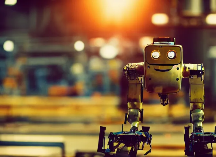 Image similar to a 3 5 mm photo of a robot in a factory, bokeh, canon 5 0 mm, cinematic lighting, film, photography, golden hour, depth of field, award - winning