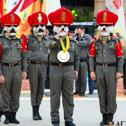 Image similar to an anthropomorphic civil guard with a dragon head and mouse hands receiving a medal