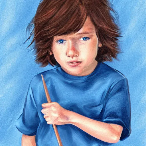 Prompt: portrait of a boy with long fluffy brown hair, blue eyes. blue background. large brush strokes, digital art, procreate