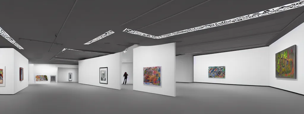 Image similar to 3 d rendering of a hyper modern art gallery with white walls, 5 0 mm canon lens, hyper detailed, soft bright light, unreal engine 5, 4 k, trending on artstation