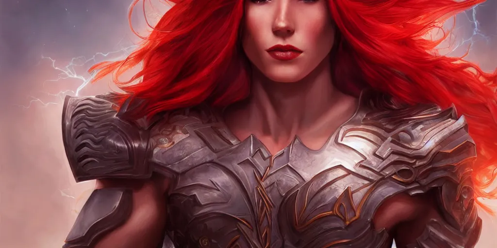 Prompt: painting of muscular and beautiful valkyrie with long red hair, fantasy art, full shot, atmospheric lightning, by artgerm