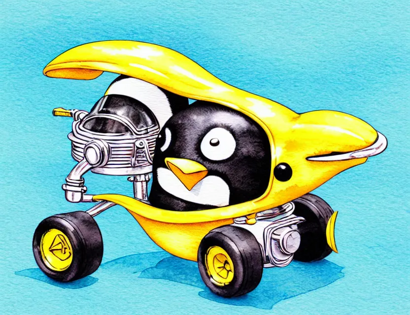 Image similar to cute and funny, penguin wearing a helmet riding in a tiny hot rod with an oversized engine, ratfink style by ed roth, centered award winning watercolor pen illustration, isometric illustration by chihiro iwasaki, edited by range murata, tiny details by artgerm and watercolor girl, symmetrically isometrically centered, sharply focused