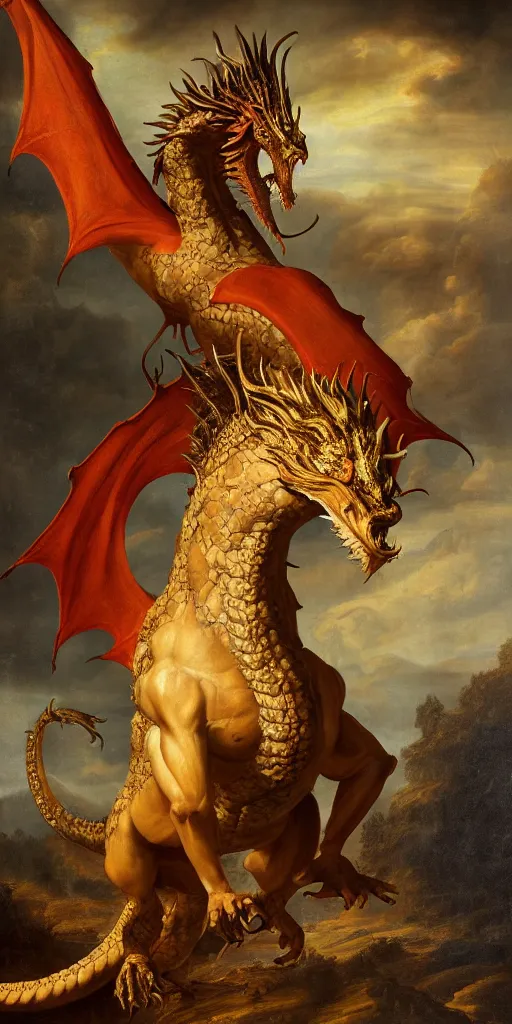 Prompt: Highly detailed and cinematic Renaissance period portrait oil painting of an English dragon, an oil painting ((masterpiece)) by ((Josep Tapiró Baró)), dynamic lighting, 8K