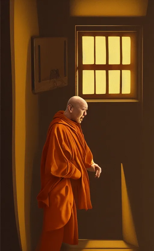 Prompt: portrait of a blind monk in a spaceship, looking out the window, orange robe, dramatic lighting, artstation, matte painting, johannes vermeer