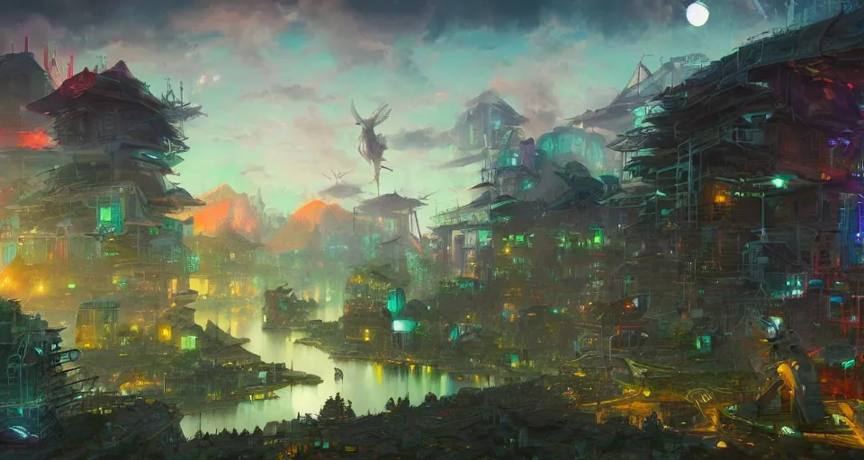 Prompt: cyber punk village on top of rice fields by peter mohrbacher, vivid colors, matte painting, 8K, concept art, mystical color scheme, trending on artstation