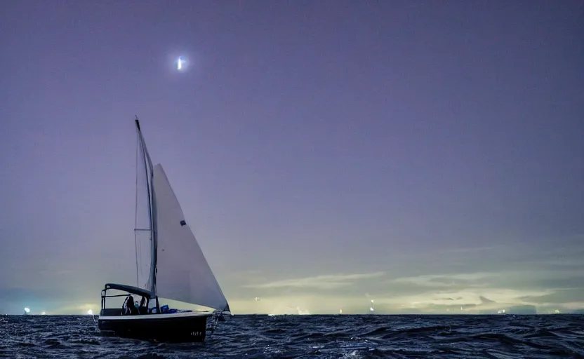 Prompt: Watching the north lights from a sailboat in the ocean at night, beatiful, 8k, wide angle, cinematic