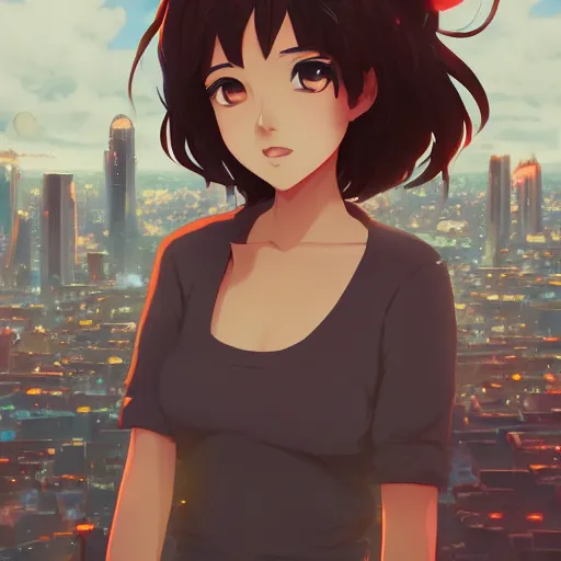 Image similar to a beautiful woman with a hime haircut, dark brown hair and tan skin, dark brown eyes, city landscape, 4k, anime key visual, lois van baarle, ilya kuvshinov, rossdraws, artstation