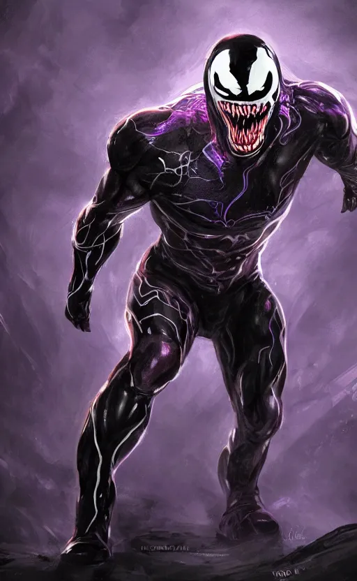 Image similar to venom in a venom inspired ironman suit, purple, black and red, dynamic lighting, photorealistic fantasy concept art, trending on art station, stunning visuals, terrifying, creative, cinematic