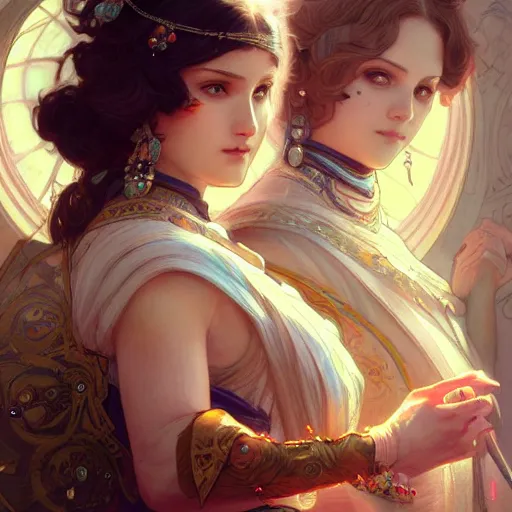 Prompt: portrait of Rem & Ram as actual girls, D&D, fantasy, intricate, elegant, highly detailed, digital painting, artstation, concept art, smooth, sharp focus, illustration, art by artgerm and greg rutkowski and alphonse mucha