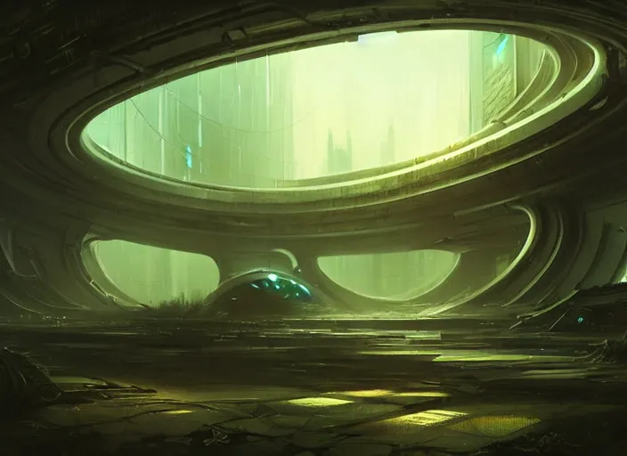 Prompt: a circular portal structure in the centre of an abandoned and overgrown alien city, beautiful curves, sci - fi, fantasy, golden ratio, epic lighting, unusual composition, messy brush strokes, very detailed, 4 k, in the style of blade runner and peter mohrbacher, ominous vibes, harsh lighting