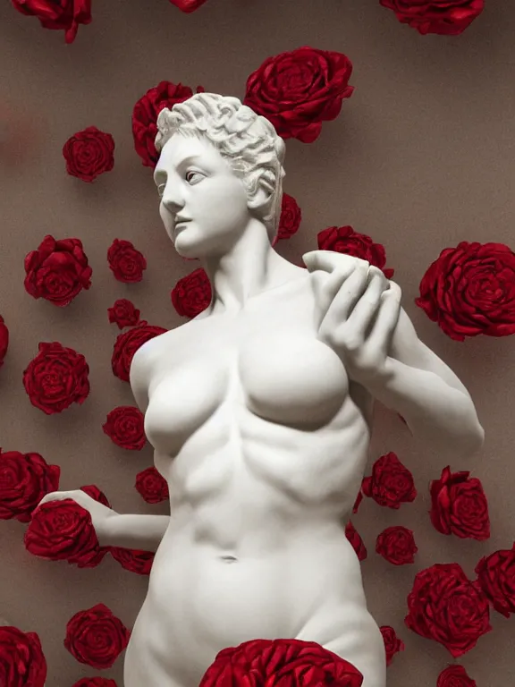 Image similar to portrait art venus of milo sculpture made of white marble, concept art, red roses exploding from her heart, volumetric lighting, hyperrealistic, focused, extreme details, masterpiece, fine details