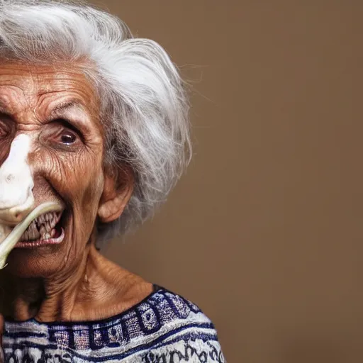 Prompt: a bizarre image of an old woman opening her mouth extremely wide and impossibly swallowing a whole goat