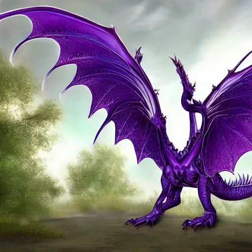 Image similar to a 128 foot tall silver western dragon with purple accents, having a 360 foot long wingspan; The scales smooth and streamlined, while jutting out at the elbows and crest and spine; two wings; long elegant tail; with 4 limbs and 4 claws on each foot; deviantart, furaffinity