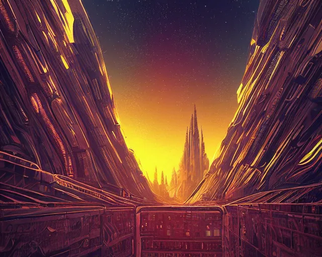 Prompt: alien supercity, illustration style of Alena Aenami, dense hypermaximalist metropolis, intricate, gothic-futurist architecture, Star Wars architecture, bizarre and imposing unusual megastructures, vanishing point perspective, domes, drone speedways, twilight