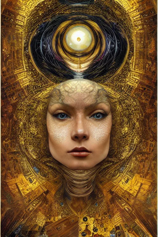 Image similar to Divine Chaos Engine by Karol Bak, Jean Deville, Gustav Klimt, and Vincent Van Gogh, visionary fractal structures, ornate gilded medieval icon, spirals, 8k 3D