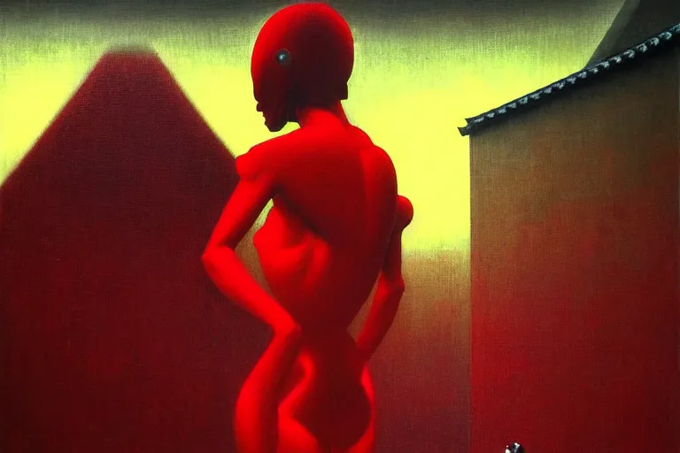 Image similar to only with red, a red samurai humanoid, tokio futuristic in background, yokai, in the style of beksinski, parts by edward hopper, parts by rodcenko, parts by yue minjun, intricate and epic composition, red by caravaggio, insanely quality, highly detailed, masterpiece, red light, artstation, 4 k