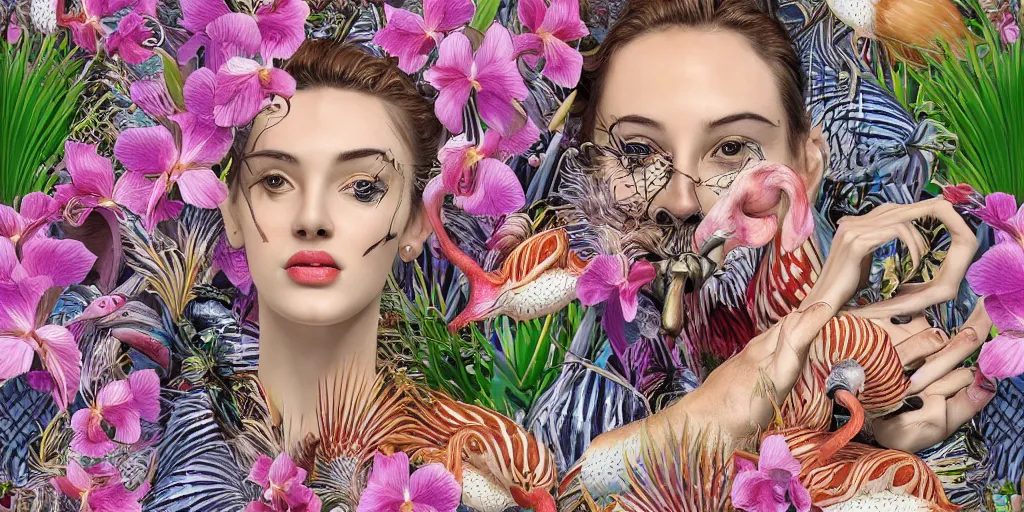 Prompt: repeating pattern tiled, photo realistic depiction of a beautiful woman face surrounded by orchids, lion fish, and colorful flamingos style by Salvador Dali , hyper realistic