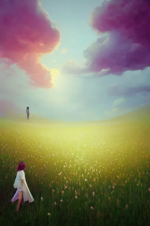 Prompt: giant white flower head, veil girl walking in a flower field, surreal photography, sunrise, dramatic light, impressionist painting, colorful clouds, digital painting, artstation, simon stalenhag