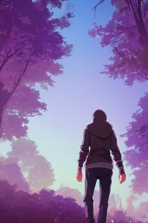 Image similar to young man in a purple hoodie, back view, messy short brown hair, detailed neighbourhood background, trees, colourful, 8 k, anime, ghibli style, graphic novel, digital art trending on artstation, volumetric lighting, octane render, cinematic, hyper detailed