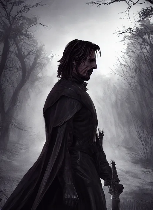 Image similar to A fantasy comic book style portrait painting of Christian Bale as a necromancer in a creepy misty graveyard setting, unreal 5, DAZ, hyperrealistic, octane render, RPG portrait, dynamic lighting