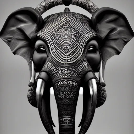 Image similar to futuristic elephant head, symmetrical, futuristic ganesha, intricate black shaman ornaments, black oak patterns, iridescent reflection, robotic ganesha head, mecha - elephant, white backround, graphic design, black white greys and red color, subsurface scattering, cyberpunk, unreal engine, octane render, cgsociety, artstation