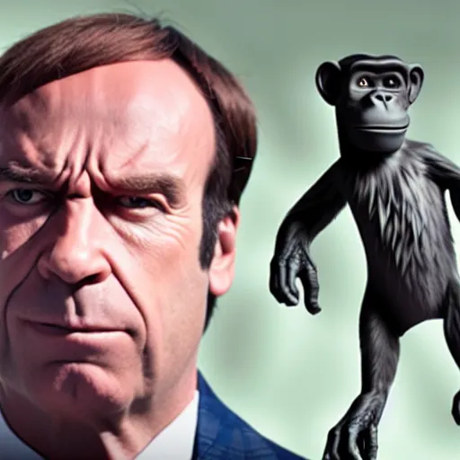 Image similar to saul goodman is a chimp hybrid with a machine gun, still from netflix