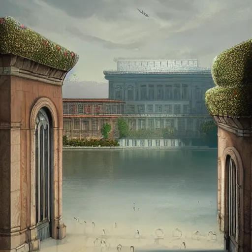 Image similar to concept art by jama jurabaev, imperial palace in a stunning landscape by ricardo bofill