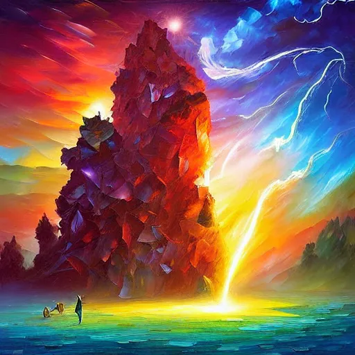 Image similar to village alien lightning art waterfall nature photography weird rich digital art airbush by android jones, leonid afremov, rob gonsalves, rhads, evgeny lushpin