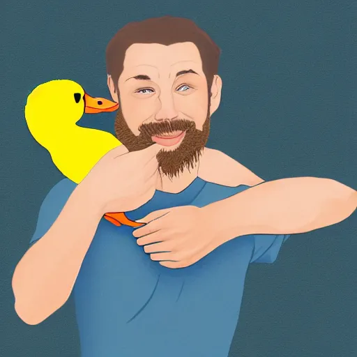 Prompt: a man holding a duck under his armpit, digital art