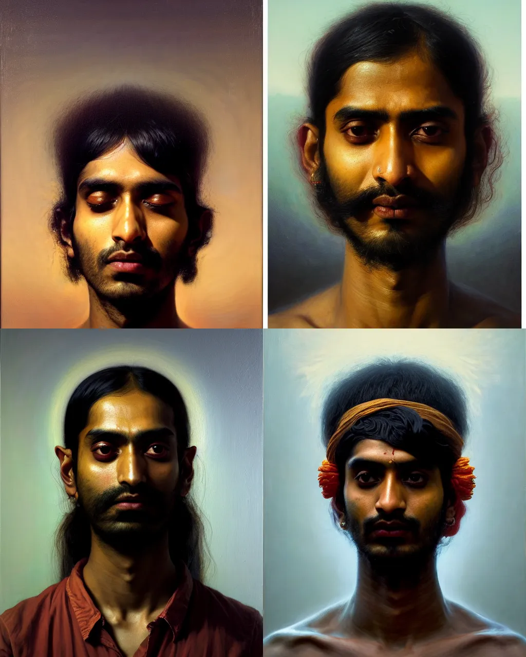 Prompt: a beautiful dramatic classical portrait of a spaced out indian stoner 2 8 years old boy, head only, by ross tran, by zdzisław beksinski, by anthony van dyck, by greg rutkowski, oil on canvas, baroque color palette, trending on artstation, masterpiece, cold lighting, detailed, 8 k