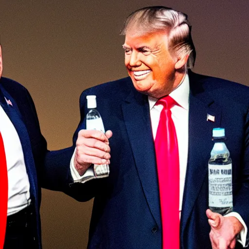 Prompt: news still drunk rudy giuliani, donald trump holding a bottle, 4 k, professional