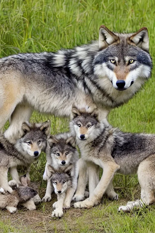 Prompt: wolf with cubs