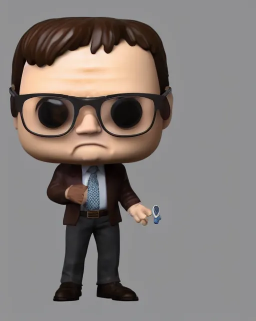 Image similar to full body 3d render of Dwight Schrute as a funko pop, studio lighting, white background, blender, trending on artstation, 8k, highly detailed