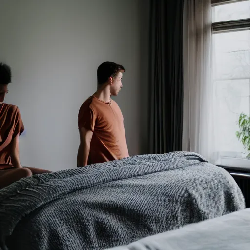 Image similar to young white woman and man staring at a mirror showing infinite reality, bedroom, XF IQ4, 150MP, 50mm, F1.4, ISO 200, 1/160s, natural light