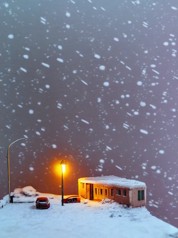 Prompt: detailed miniature diorama a soviet residential building, brutalism architecture, warm lights are on in the windows, man lies in the snow, dark night, fog, winter, blizzard, cozy and peaceful atmosphere, row of street lamps with warm orange light, several birches nearby