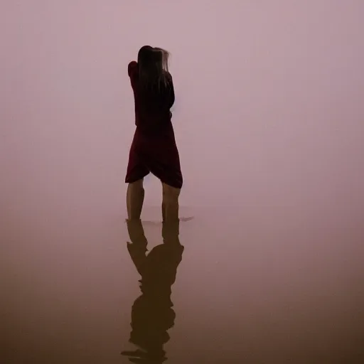 Image similar to a woman, standing in shallow endless water, foggy, backlit, backlit, photo by Marat Safin, Canon EOS R3, f/1.4, ISO 200, 1/160s, 8K, RAW, unedited, symmetrical balance, in-frame