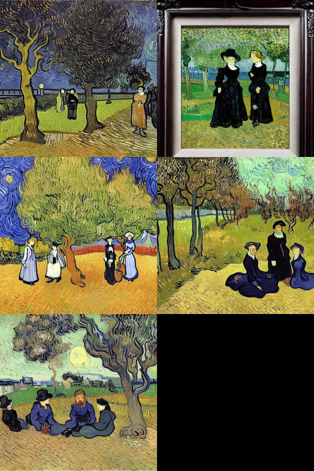 Prompt: an hd painting by vincent van gogh. three goths loitering in the shade, talking beneath a cherry tree outside a blockbuster video store.