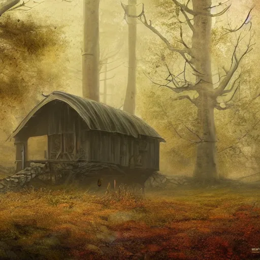 Image similar to an old broken hut in an autumn forest, many alot of huge tall mushrooms around it, green and brown tones, by Aron Wiesenfeld and beksincki, cinematic, detailed illustration, nature, fog, dark colors, suspense, intricate, 8k