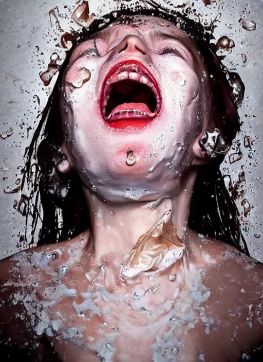 Image similar to portrait of a girl, icecream dripping down her, oil comes out of her mouth, hyper-realistic, high-tech