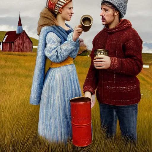 Image similar to a highly detailed painting of a young couple holding a tin can, remote icelandic village, blonde hair, trending on artstation,