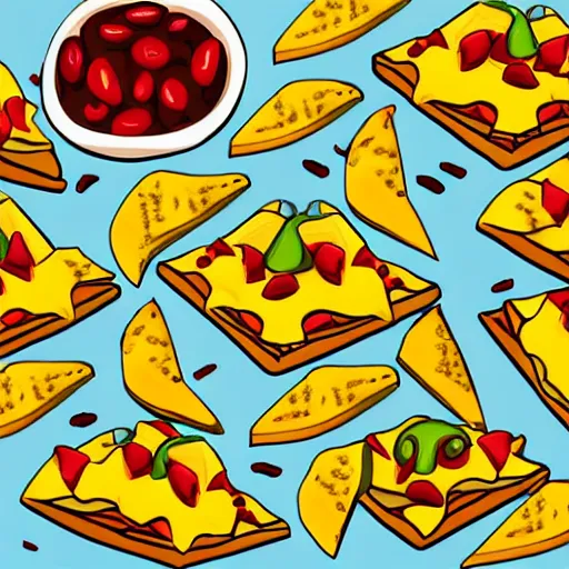 Image similar to photorealistic adobe illustration nachos with cheese and jalapeno illustrations, white background, drawing, cartoon