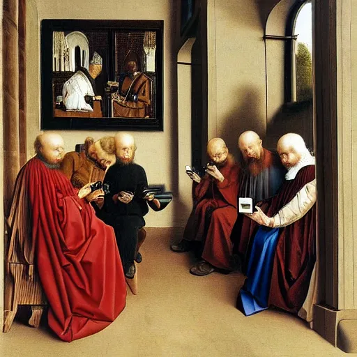 Image similar to A group of people on their smartphones, in the style of Jan van Eyck