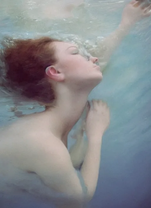 Image similar to Kodak Portra 400, 8K, soft light, volumetric lighting, highly detailed, britt marling style 3/4 , portrait photography portrait photography of a beautiful woman how pre-Raphaelites by Giovanni Gastel, photo portrait of a beautiful woman with her eyes closed,inspired by Ophelia Millais Paint , the face emerges from water of Pamukkale, underwater face, anatomical real full body dressed ethereal lace dress floating in water surface , the hair are intricate with highly detailed realistic beautiful brunches and flowers like crown, Realistic, Refined, Highly Detailed, outdoor soft pastel lighting colors scheme, outdoor fine art photography, Hyper realistic, photo realistic