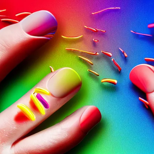 Prompt: a persons nail wriggling out of his finger, bright colors, vfx,