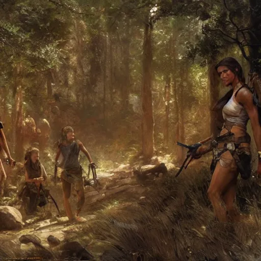 Image similar to lara croft, finds a camp full of humans, highly detailed painting by gaston bussiere, craig mullins, 8 k